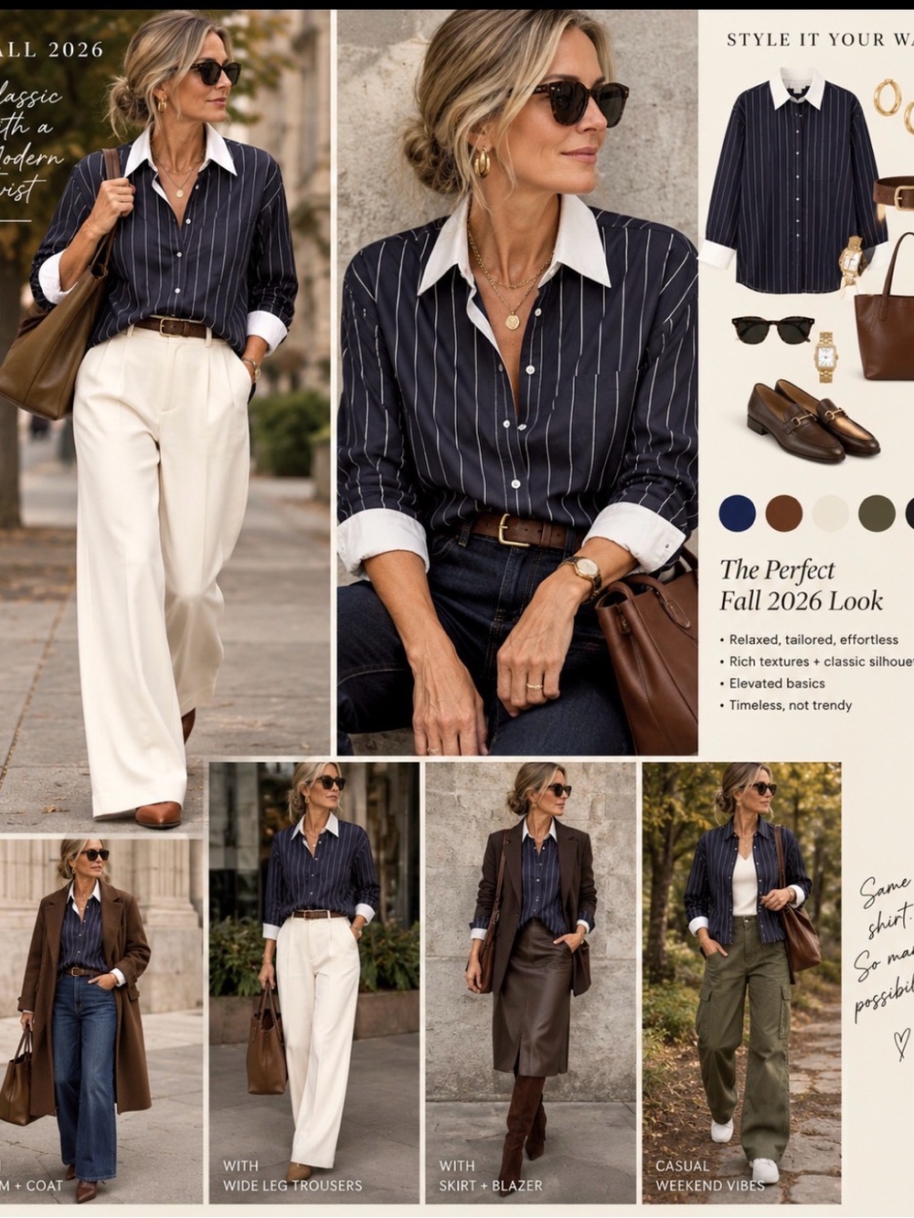Navy Pinstripe Button-Down Shirt with White Collar